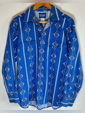 Wrangler Western Shirt Brush Popper L Blue Pearl Snap Rodeo Cowboy VTG 80s/90s